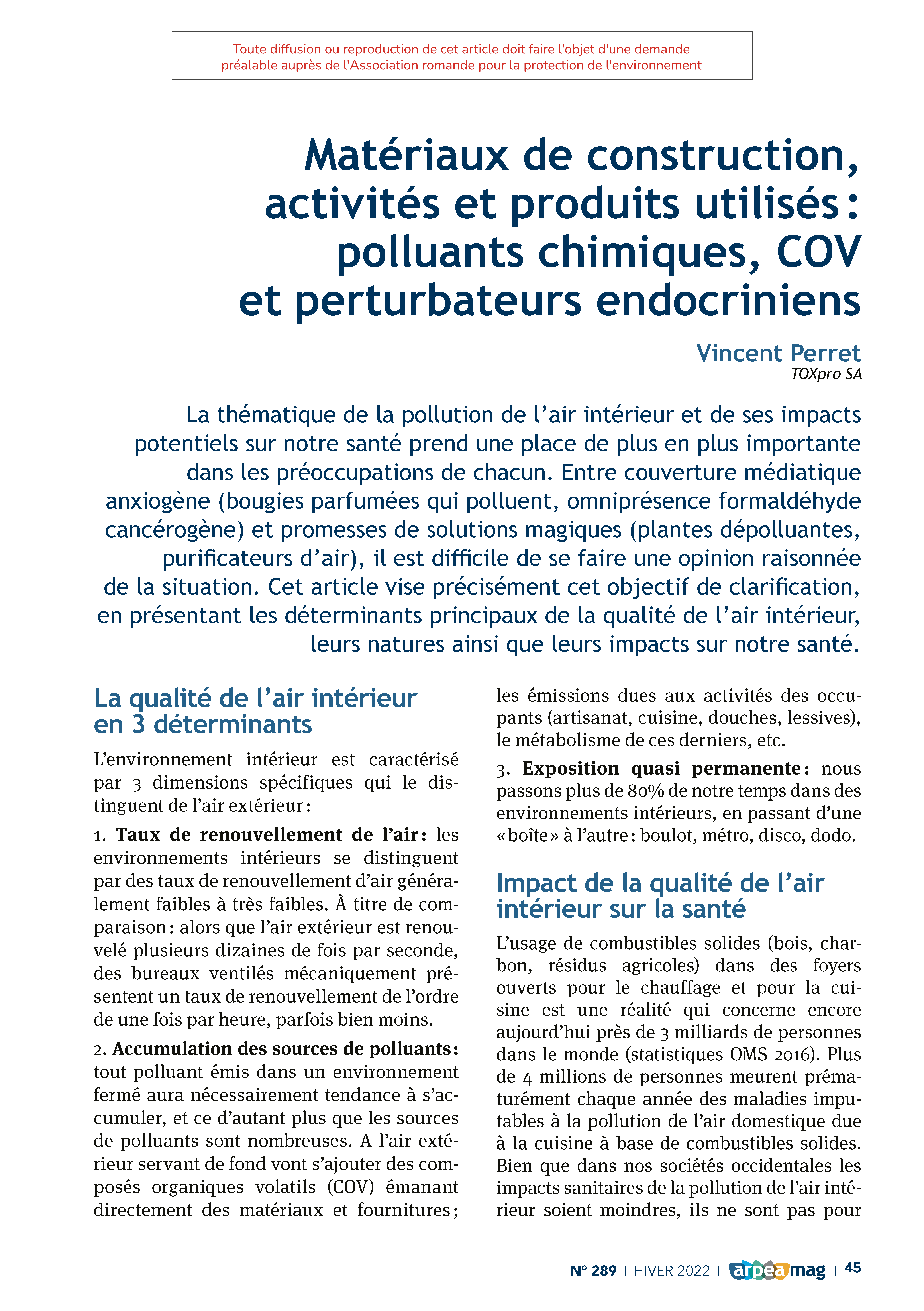 Matériaux de construction, activités et produits utilisés : polluants chimiques, COV et perturbateurs endocriniens