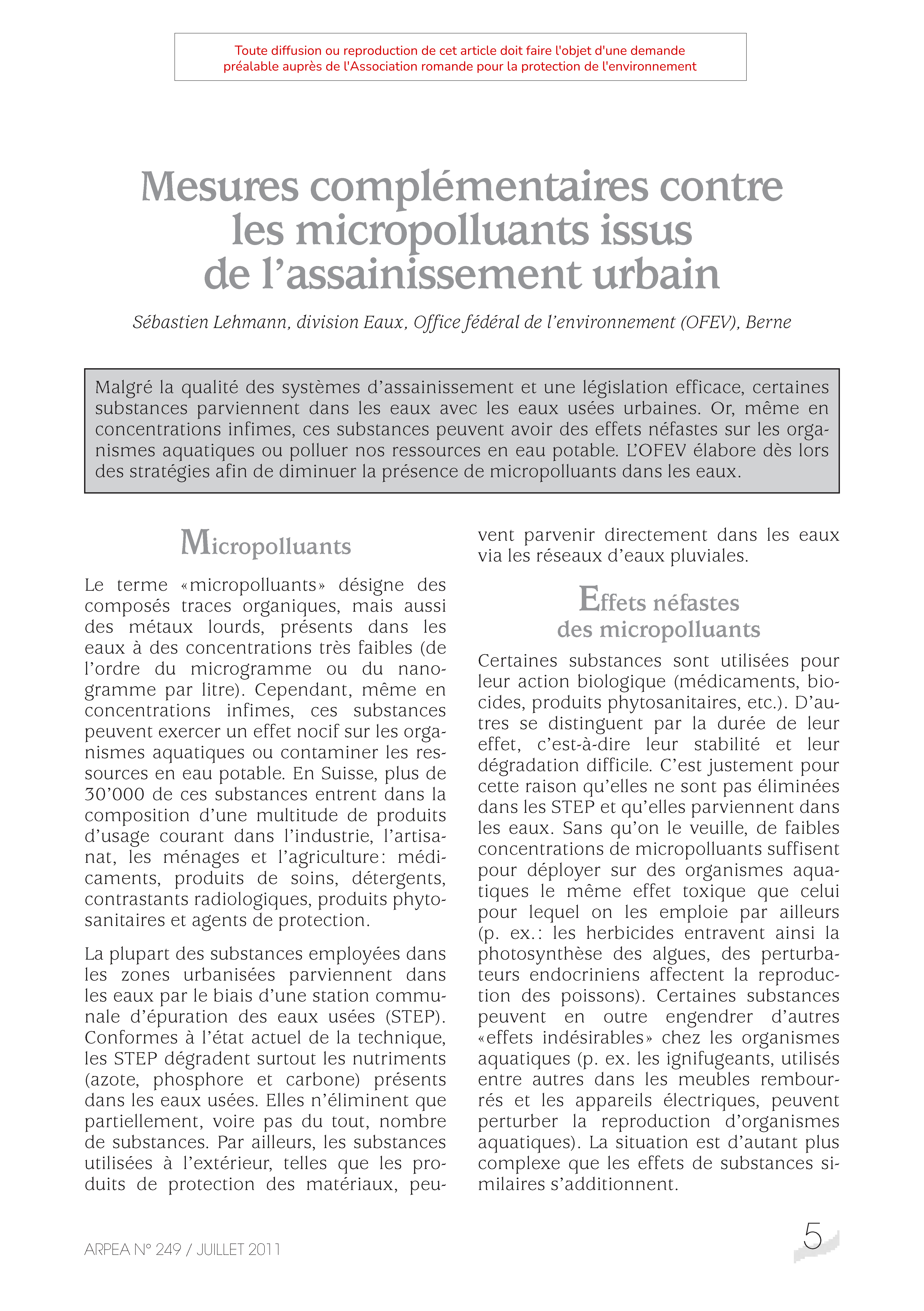 Mesures complémentaires contre les micropolluants issus de l’assainissement urbain