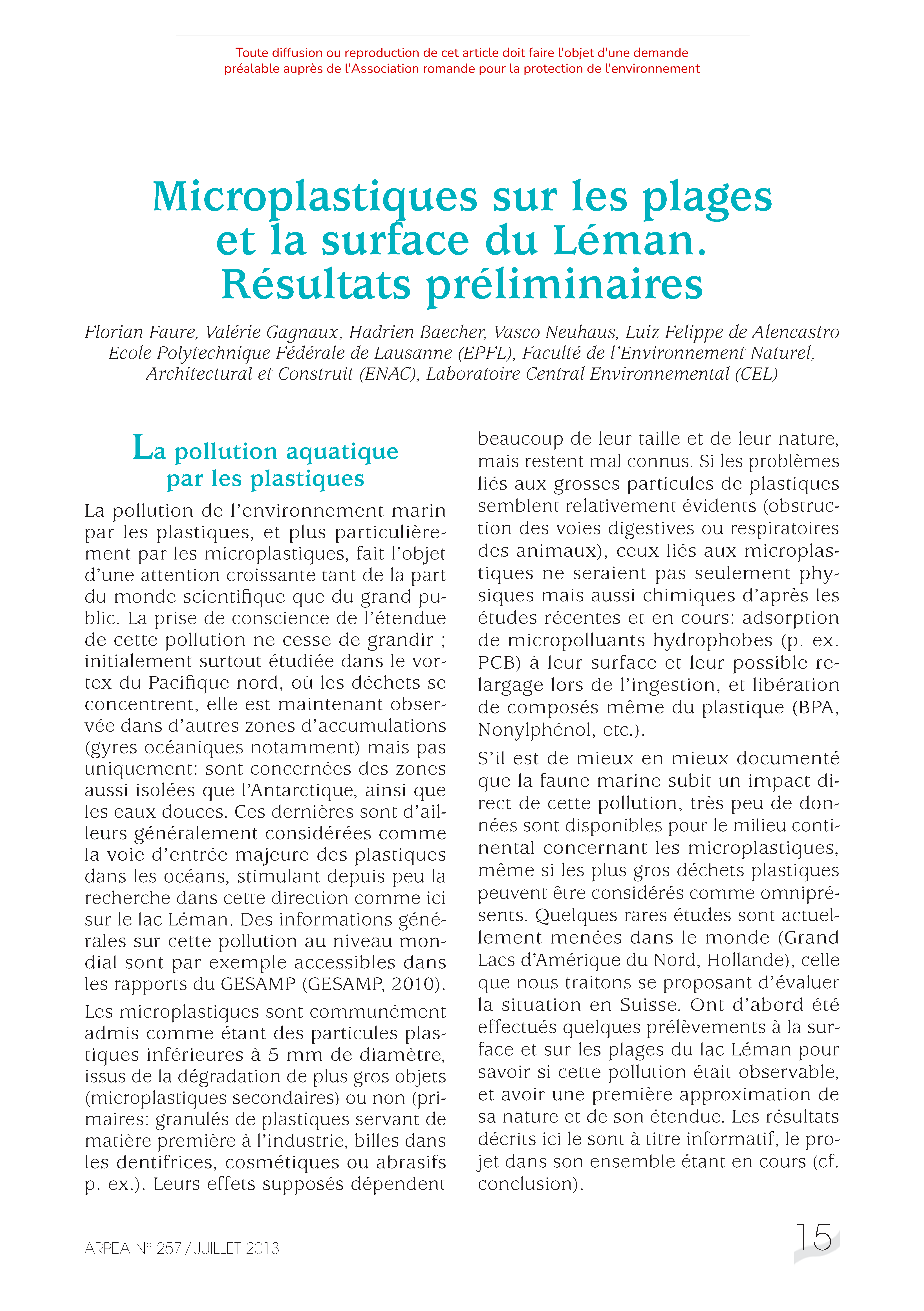 Microplastiques sur les plages et la surface du Léman. Résultats préliminaires
