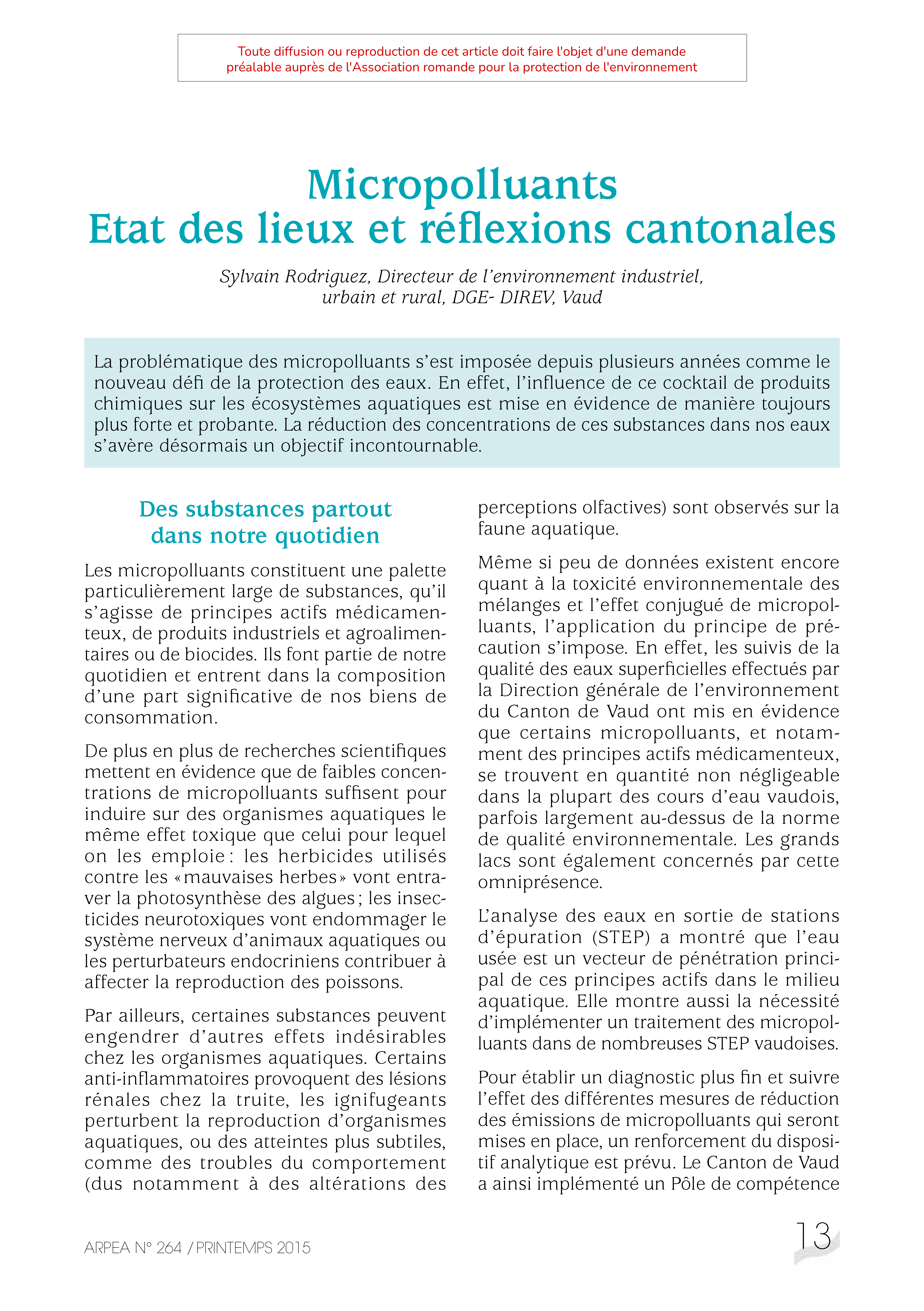 Micropolluants Etat des lieux et réflexions cantonales