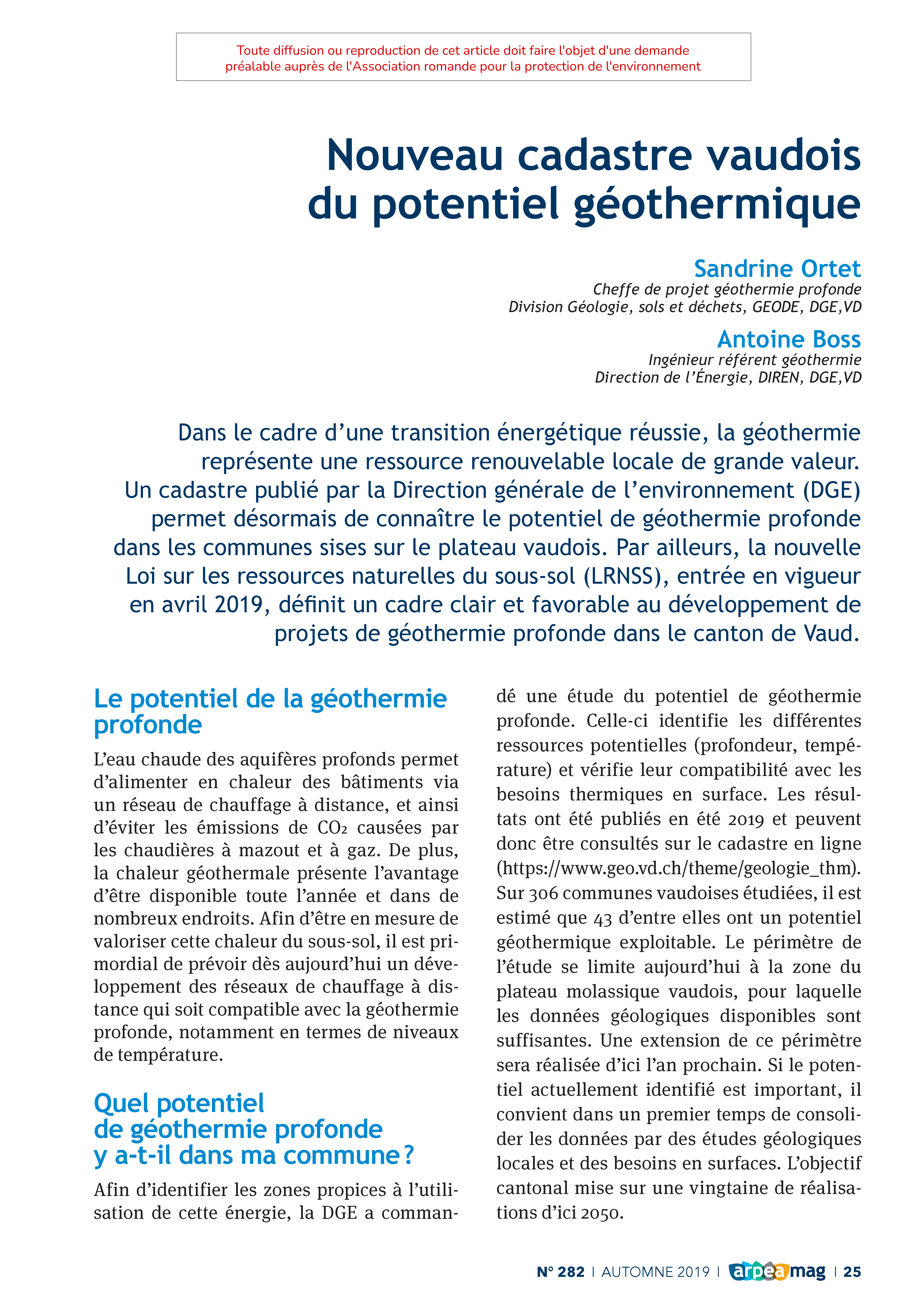 Nouveau cadastre vaudois du potentiel géothermique