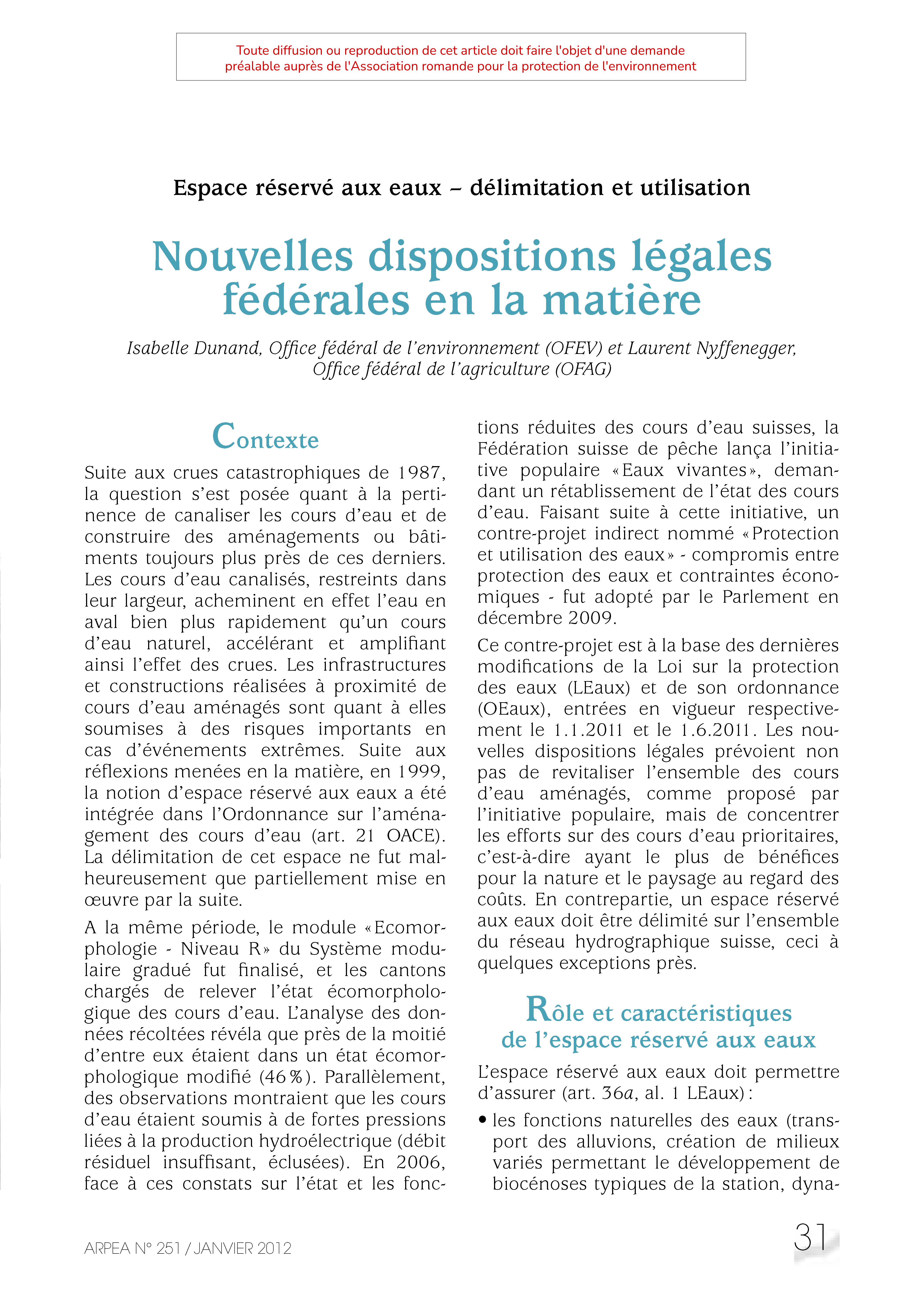 Nouvelles dispositions légales fédérales en la matière