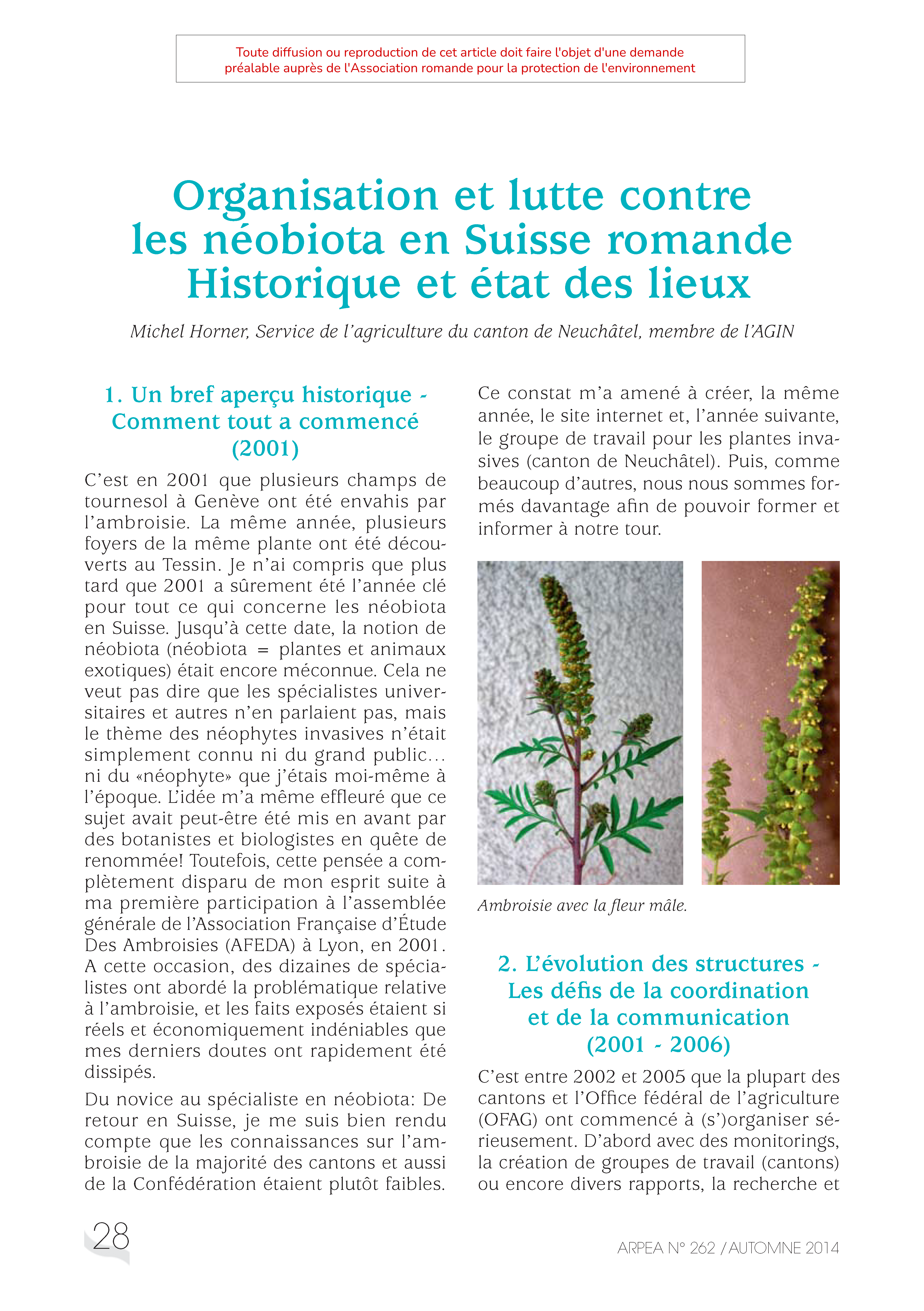 Organisation et lutte contre les néobiota en Suisse romande Historique et état des lieux