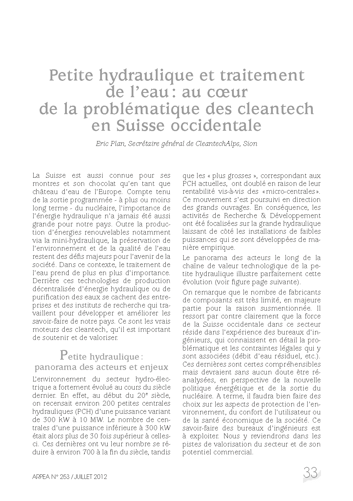 Petite hydraulique et traitement de l’eau : au coeur de la problématique des cleantech en Suisse occidentale