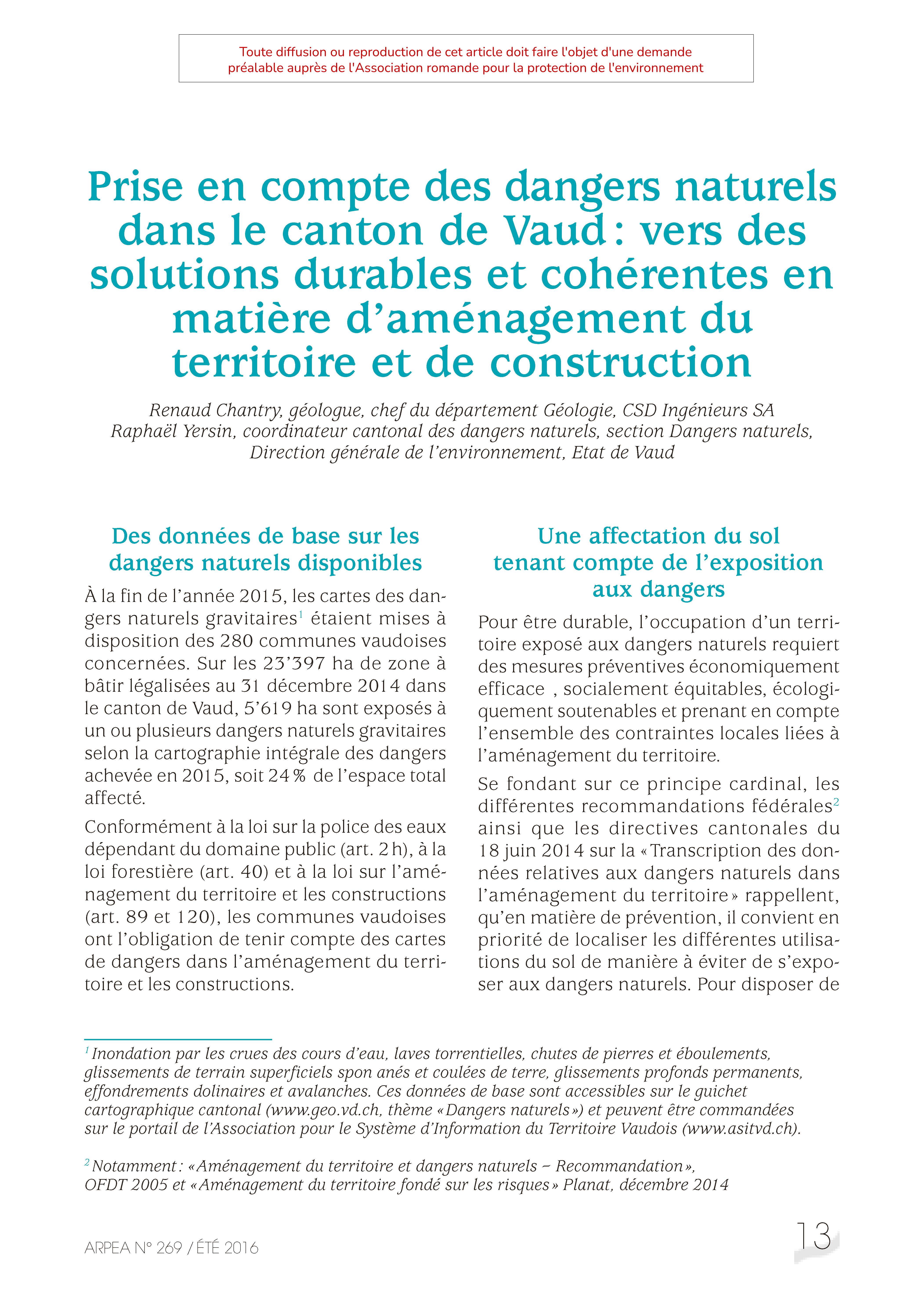 Prise en compte des dangers naturels dans le canton de Vaud : vers des solutions durables et cohérentes en matière d’aménagement du territoire et de construction