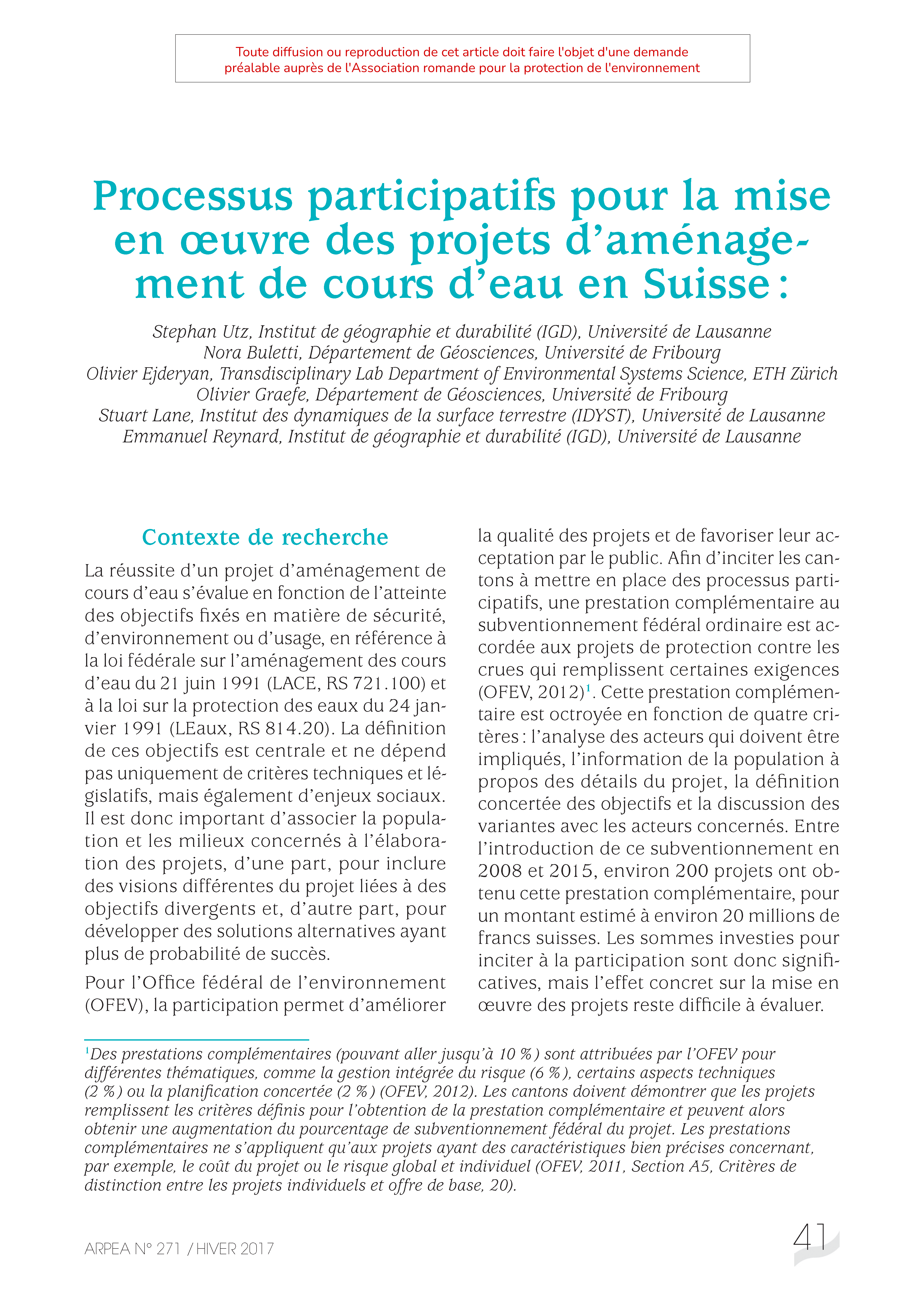 Processus participatifs pour la mise en oeuvre des projets d’aménagement de cours d’eau en Suisse