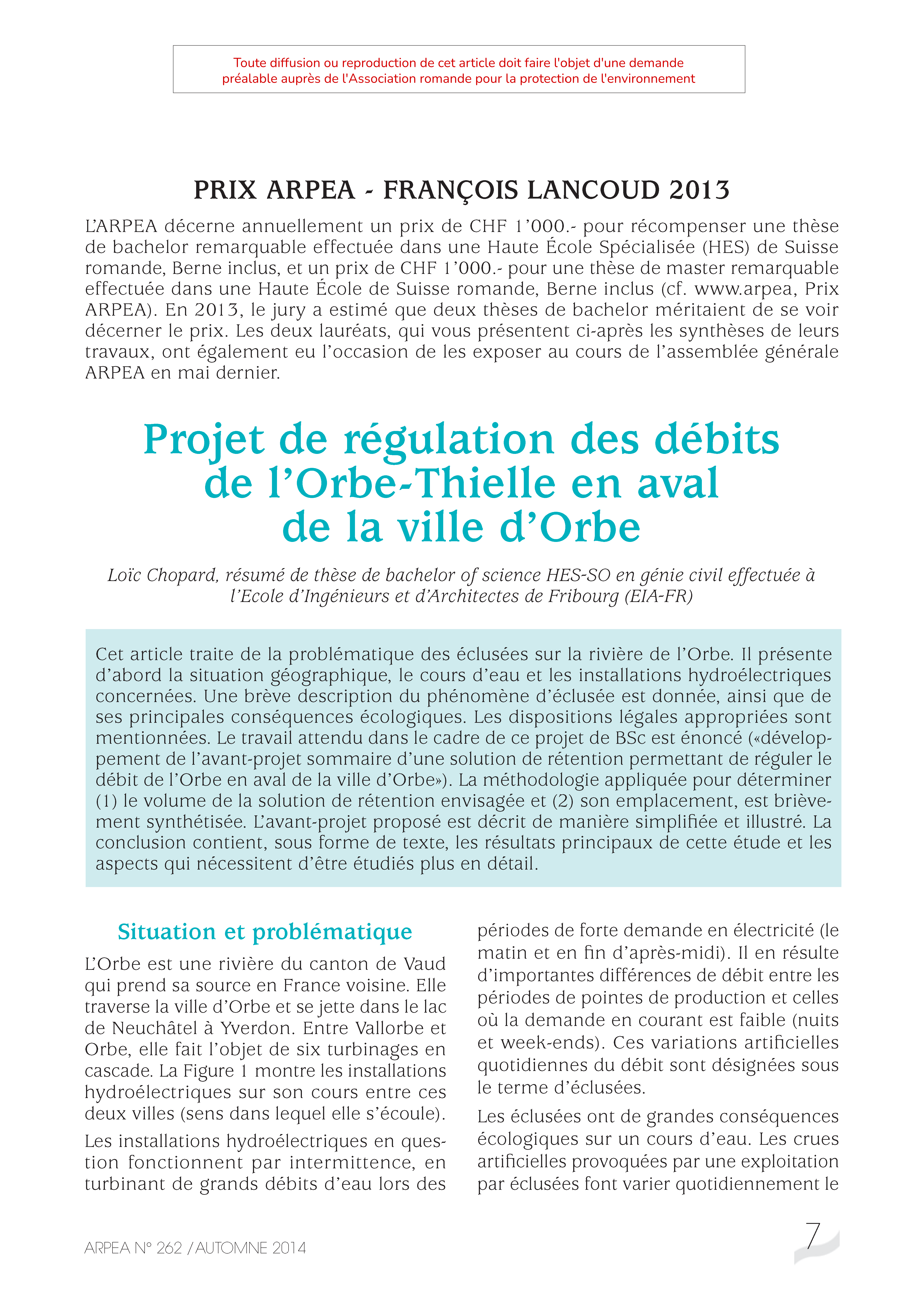 Projet de régulation des débits de l’Orbe – Thielle en aval de la ville d’Orbe