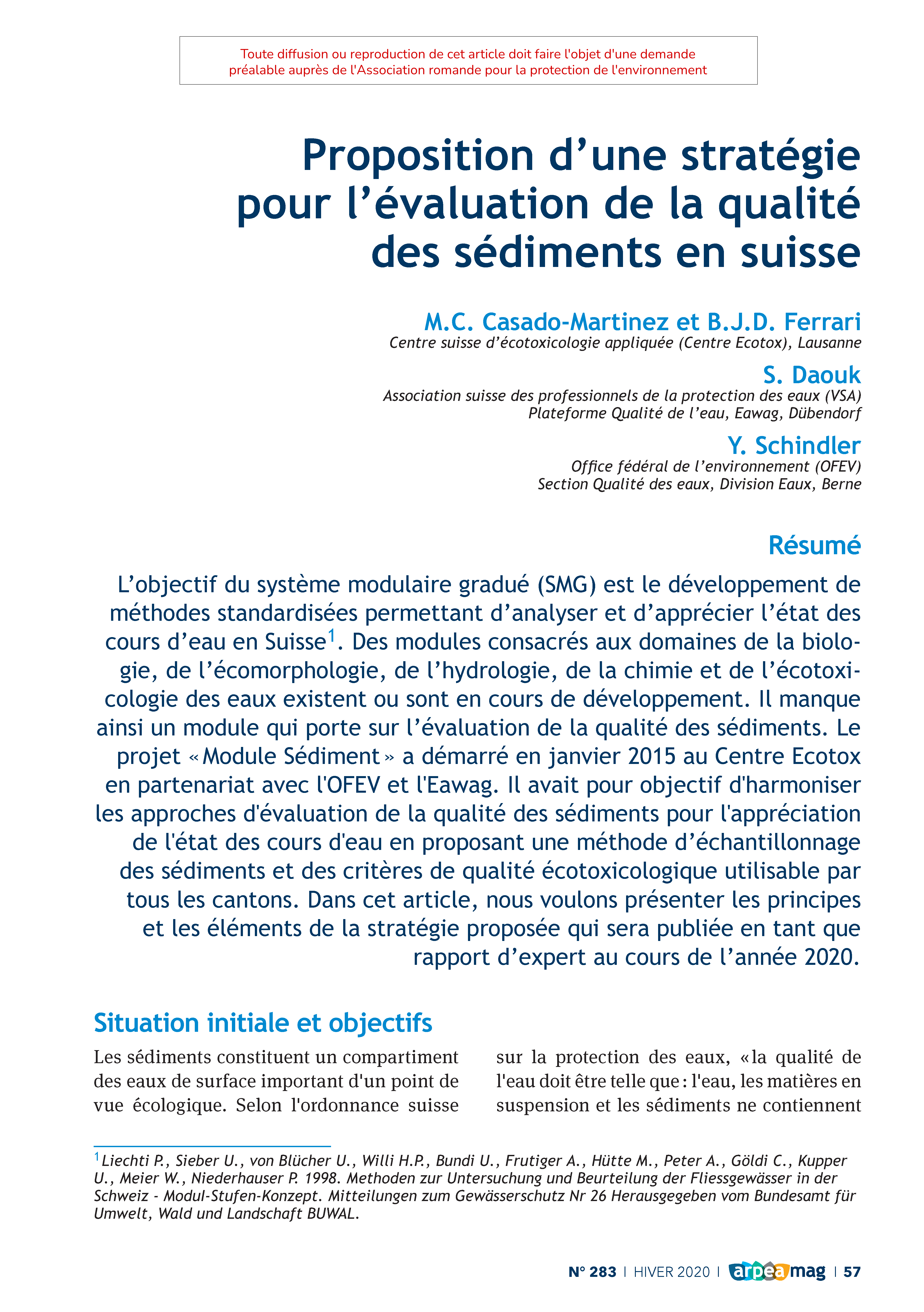 Proposition d’une stratégie pour l’évaluation de la qualité des sédiments en suisse