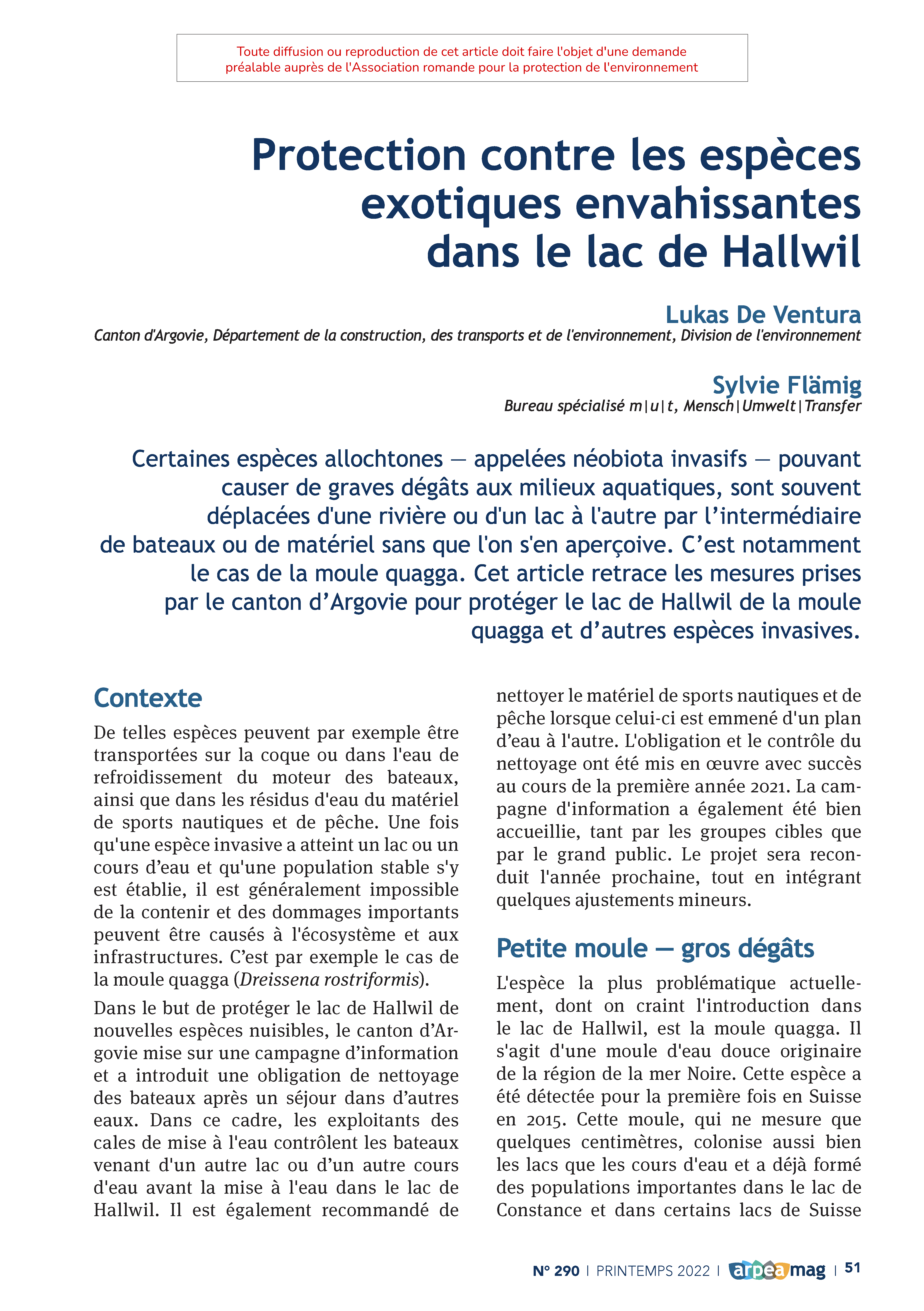 Protection contre les espèces exotiques envahissantes dans le lac de Hallwil