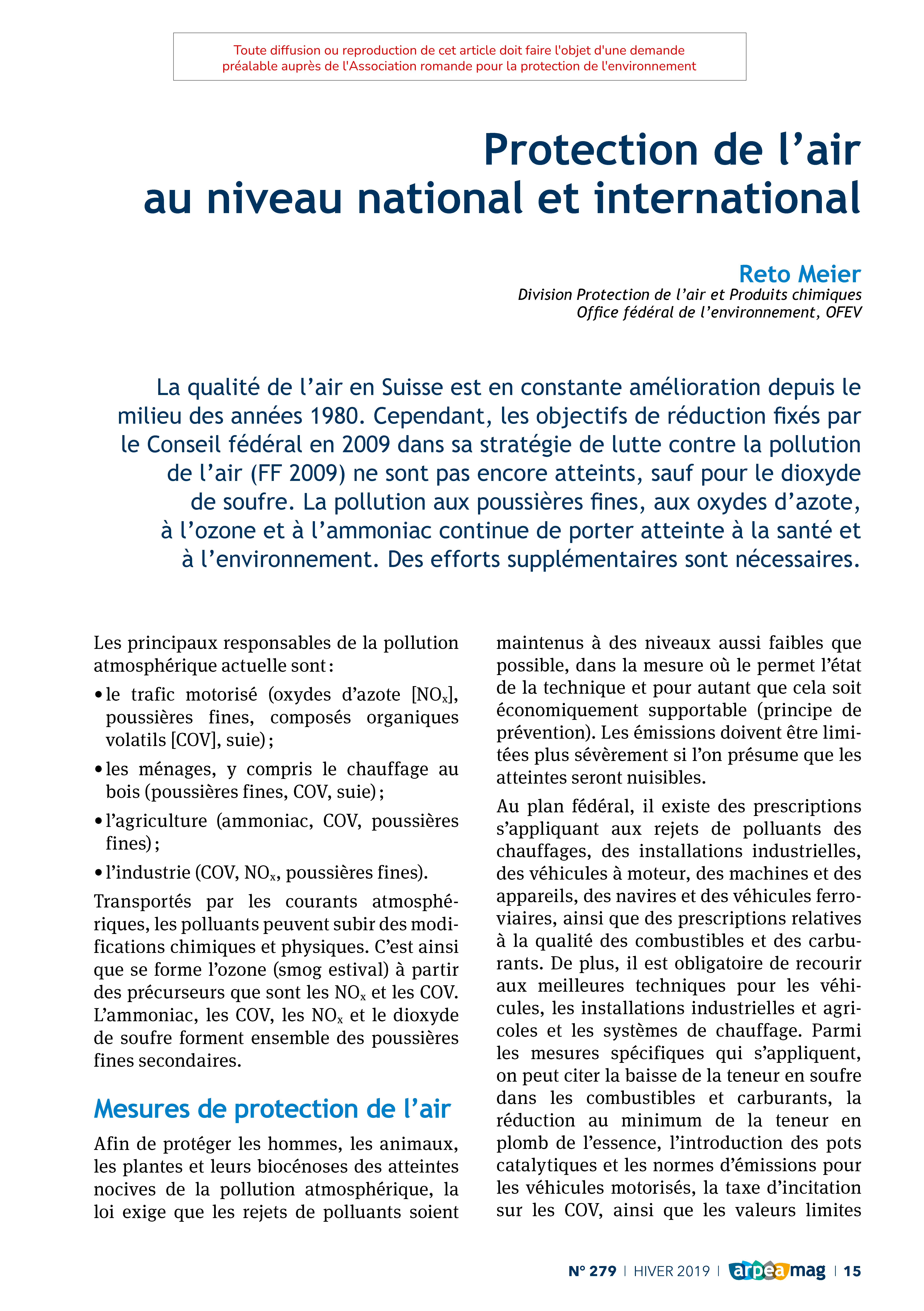 Protection de l’air au niveau national et international