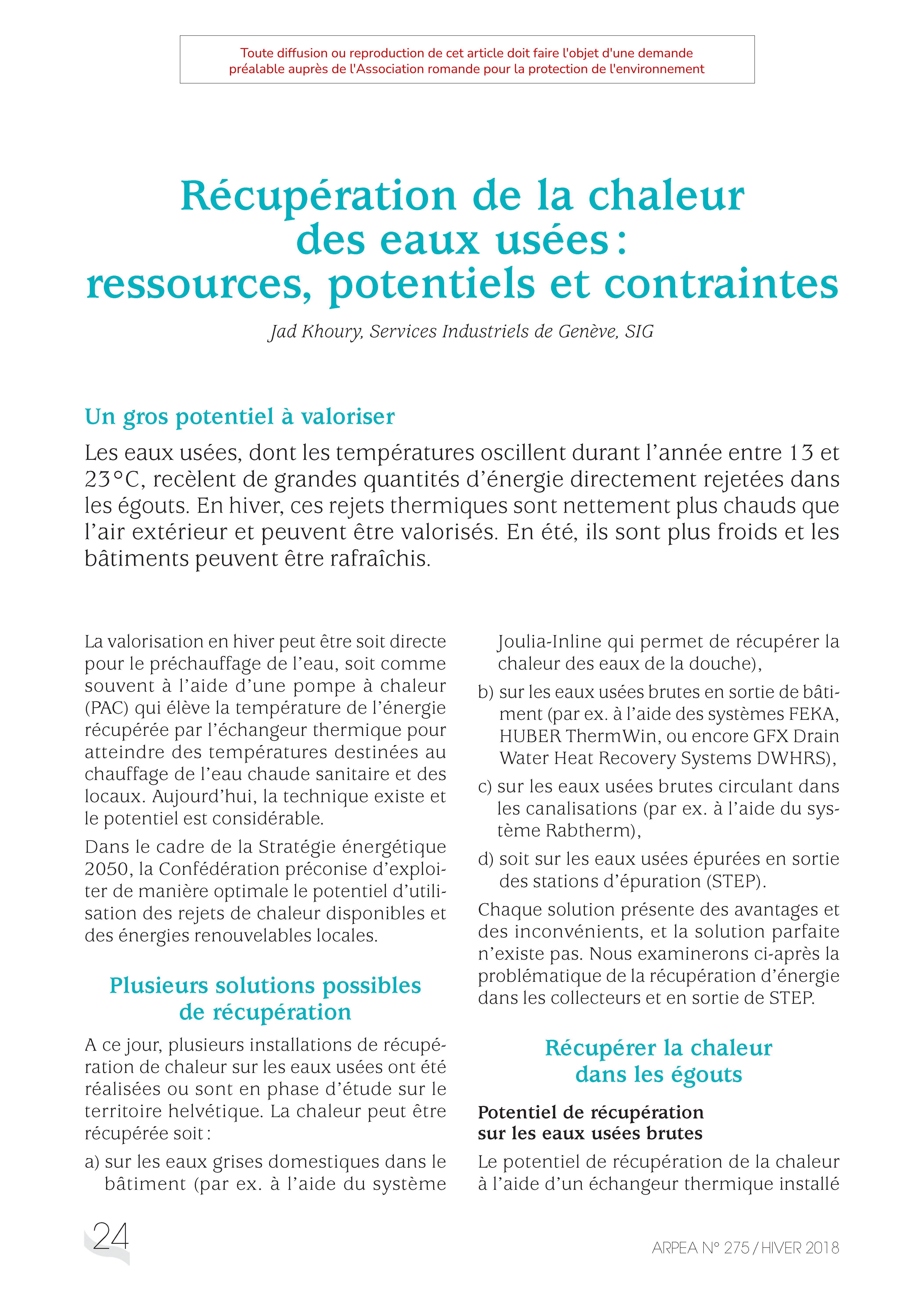 Récupération de la chaleur des eaux usées : ressource, potentiels et contraintes