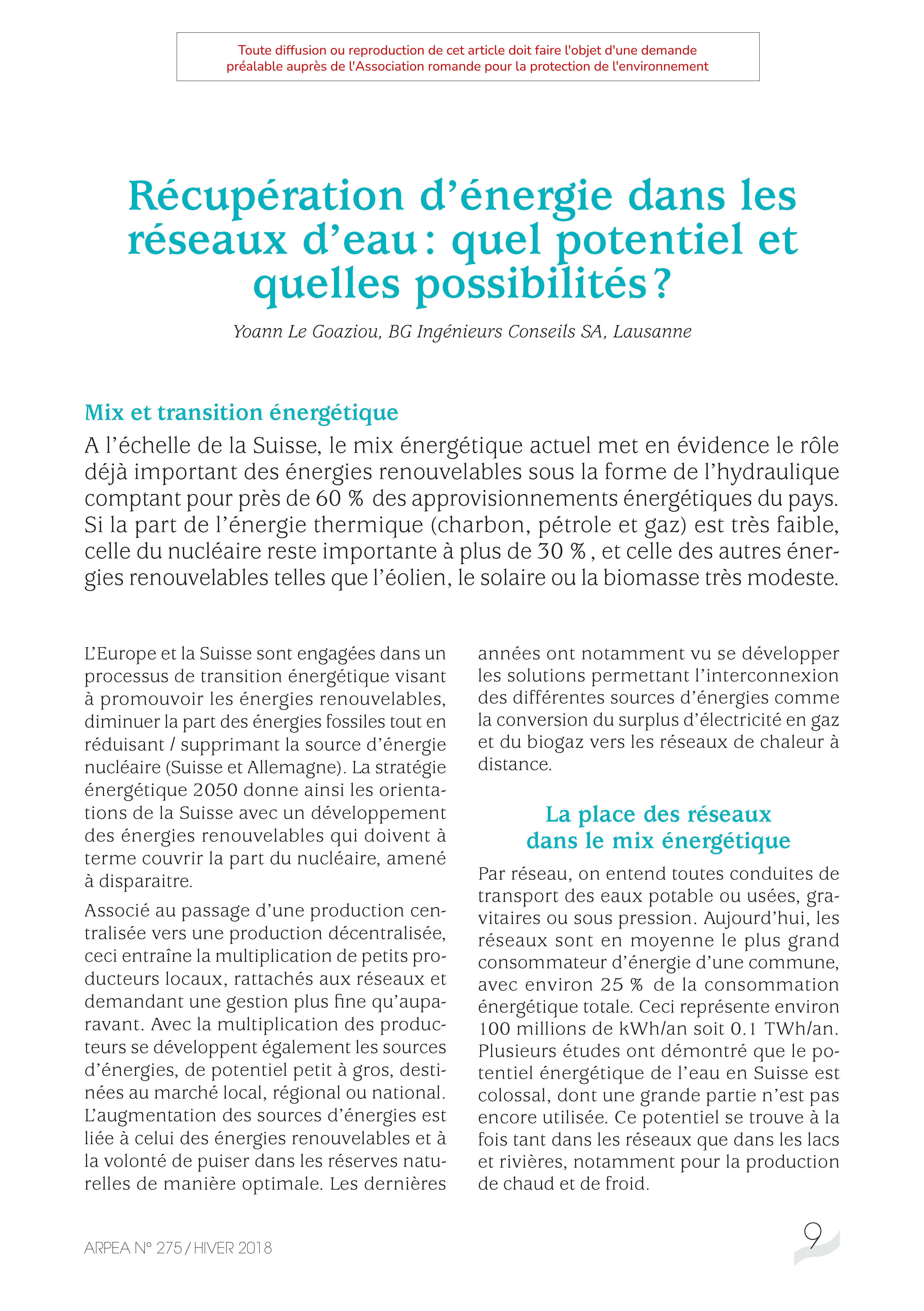 Récupération d’énergie dans les réseaux d’eau : quel potentiel et quelles possibilités?