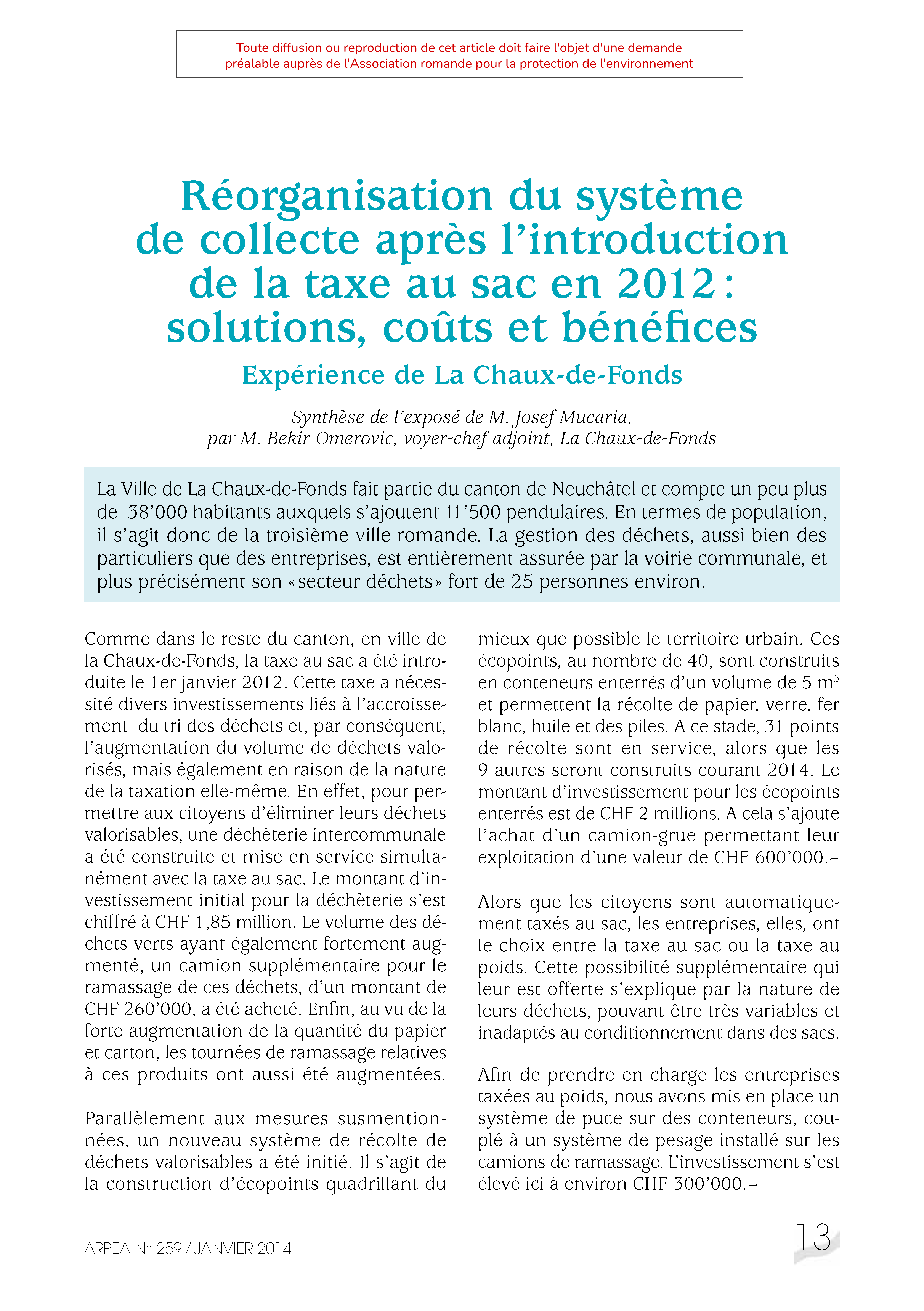 Réorganisation du système de collecte après l’introduction de la taxe au sac en 2012 : solutions, coûts et bénéfices