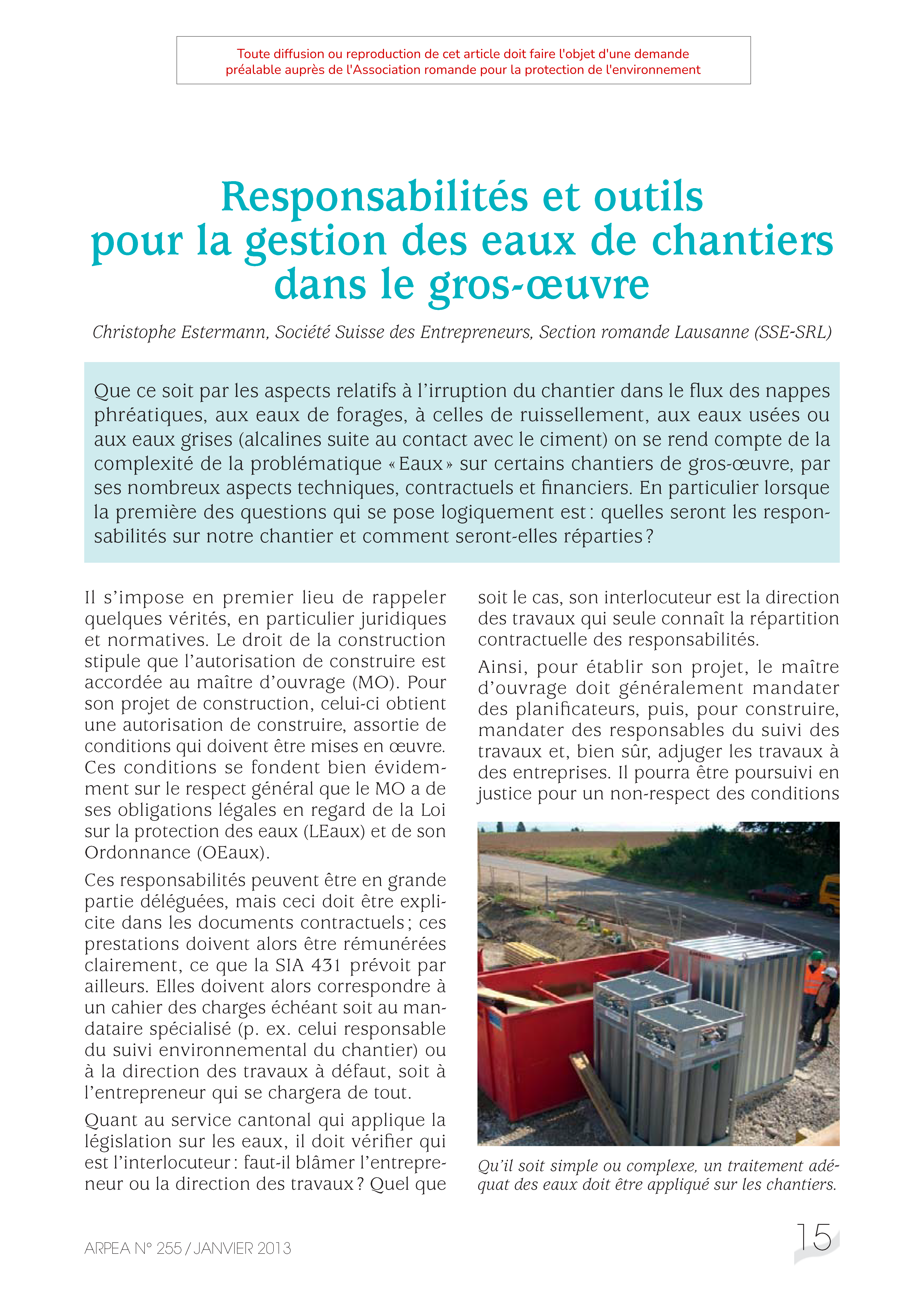 Responsabilités et outils pour la gestion des eaux de chantiers dans le gros – oeuvre
