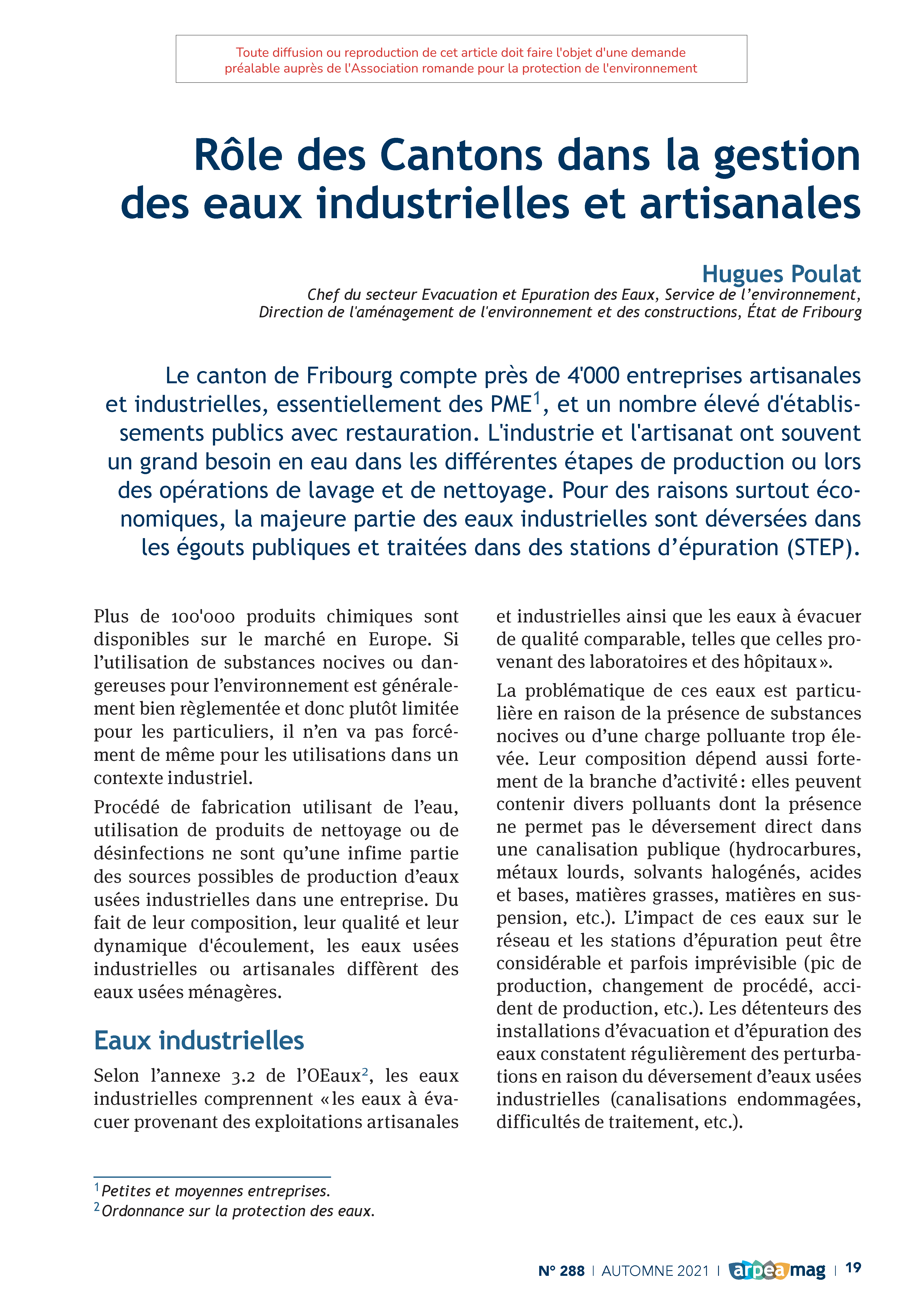 Rôle des Cantons dans la gestion des eaux industrielles et artisanales