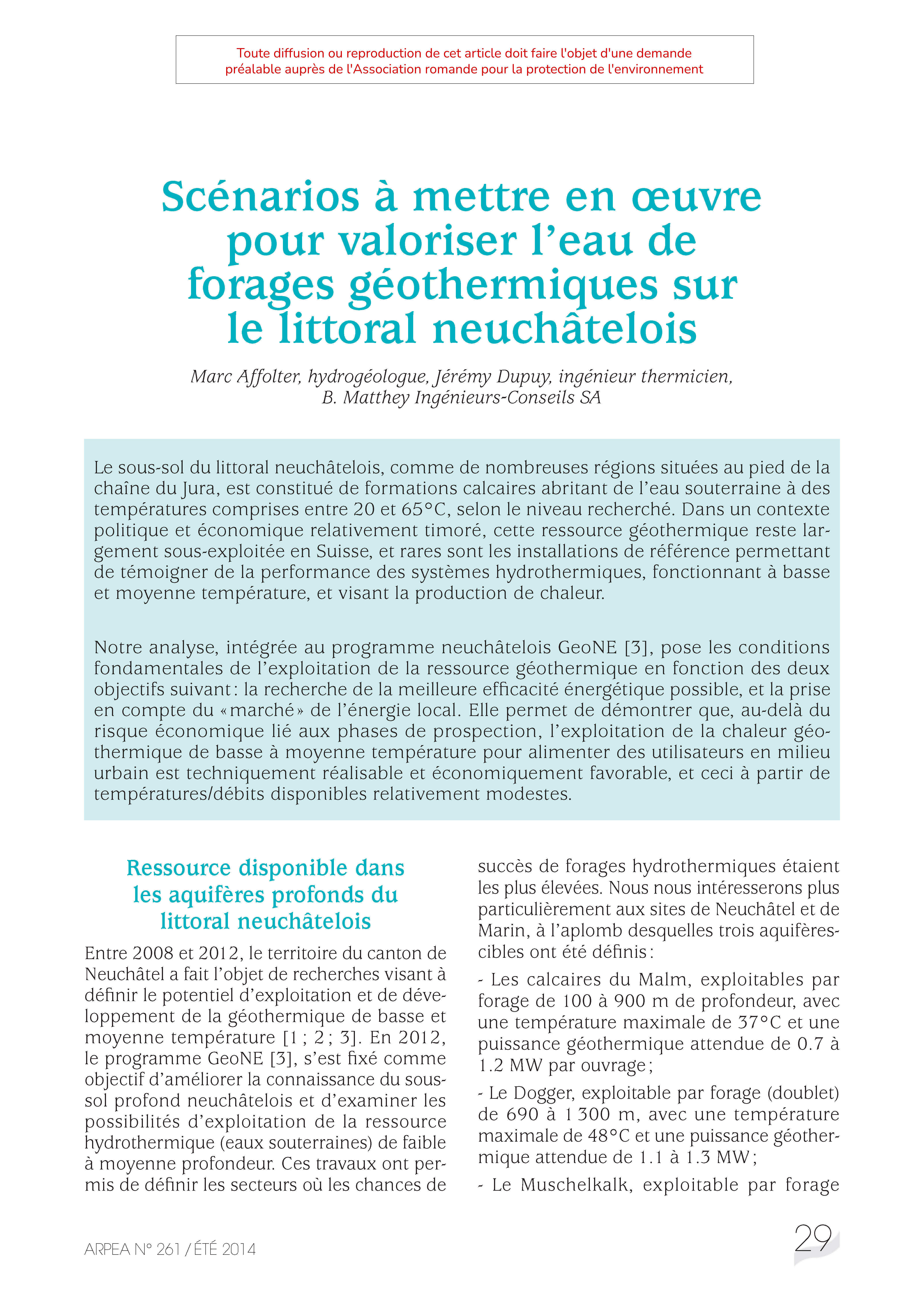 Scénarios à mettre en oeuvre pour valoriser l’eau de forages géothermiques sur le littoral neuchâtelois