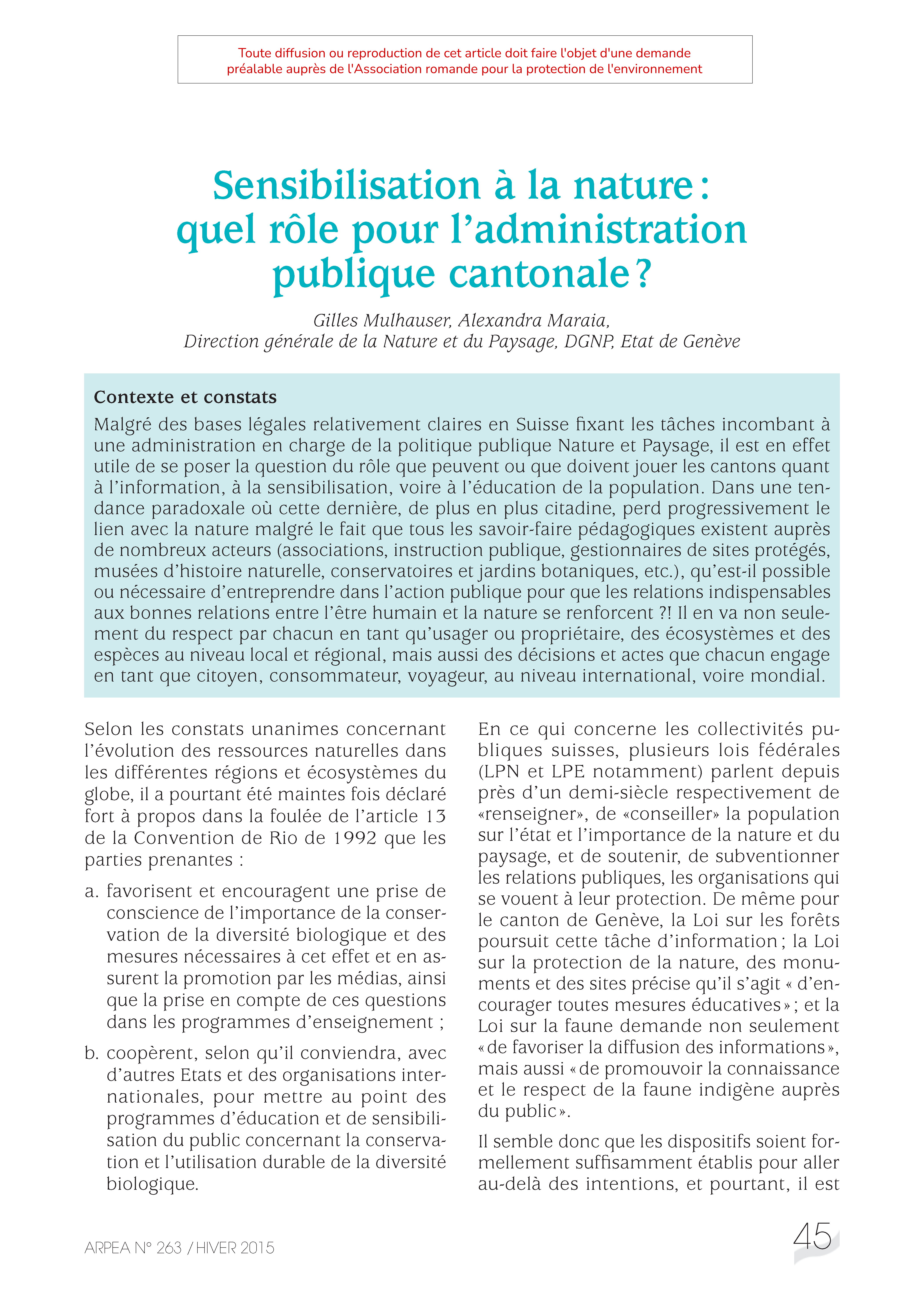 Sensibilisation à la nature : quel rôle pour l’administration publique cantonale ?