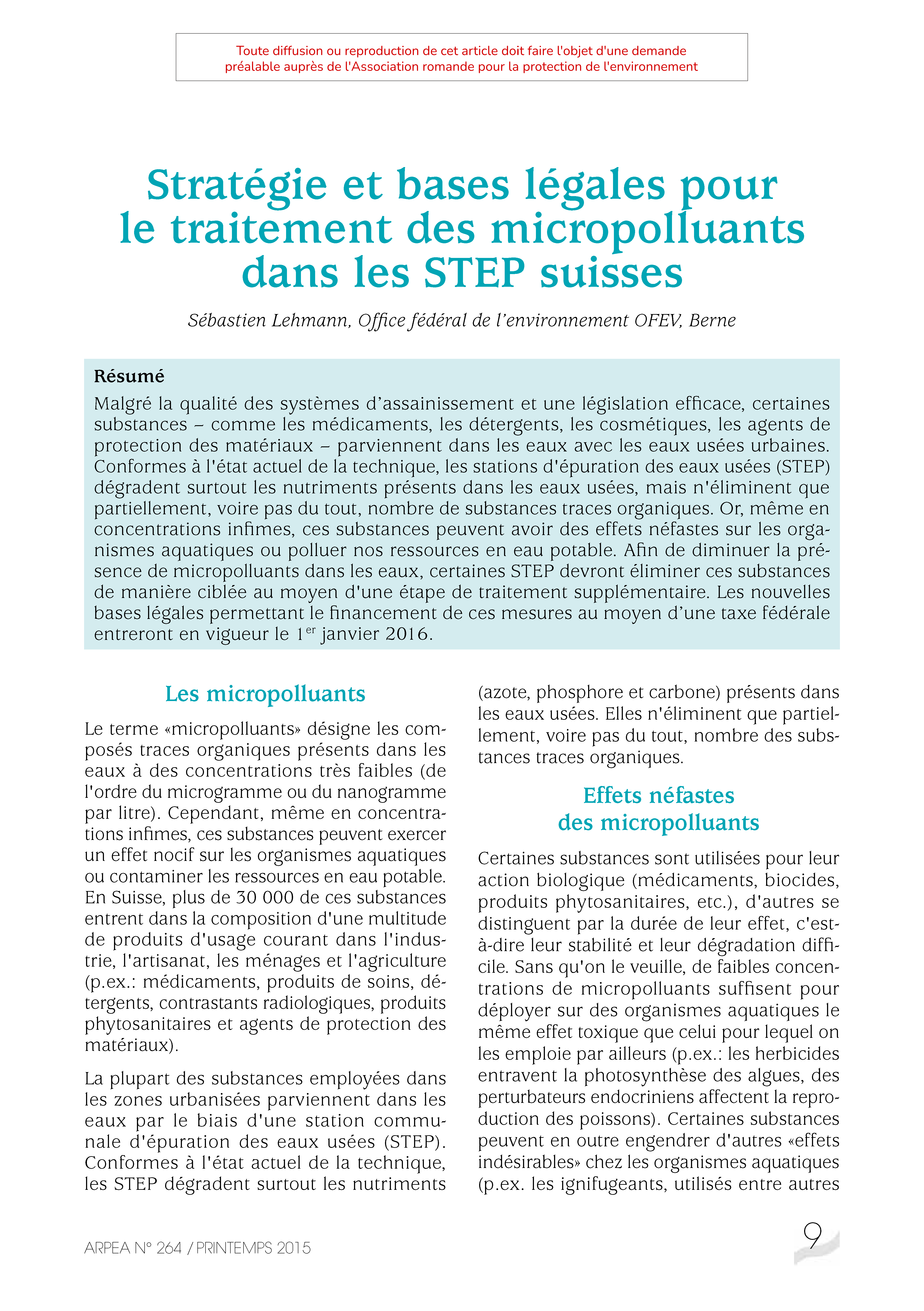 Stratégie et bases légales pour le traitement des micropolluants dans les STEP suisses