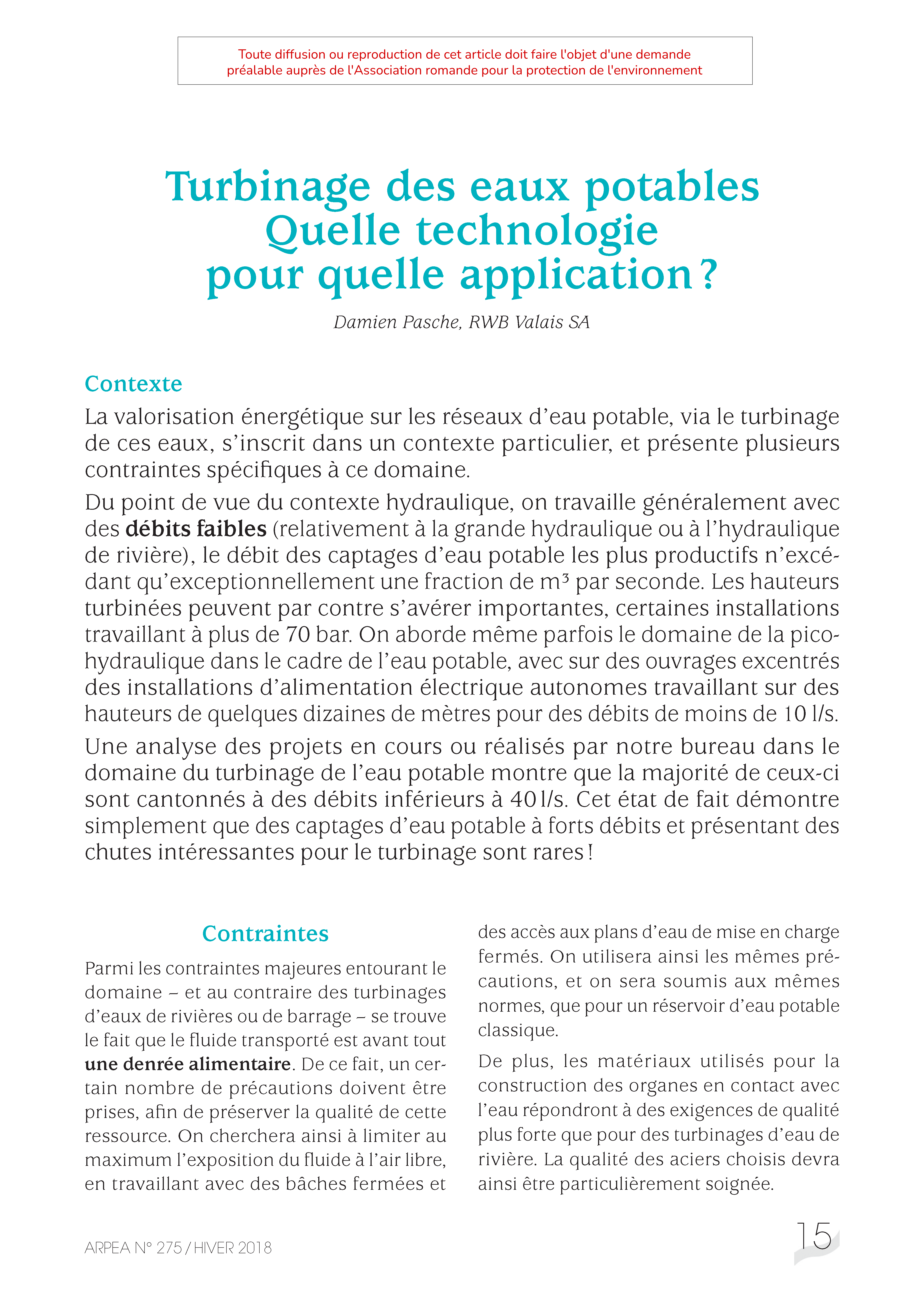 Turbinage des eaux potables Quelle technologie pour quelle application .