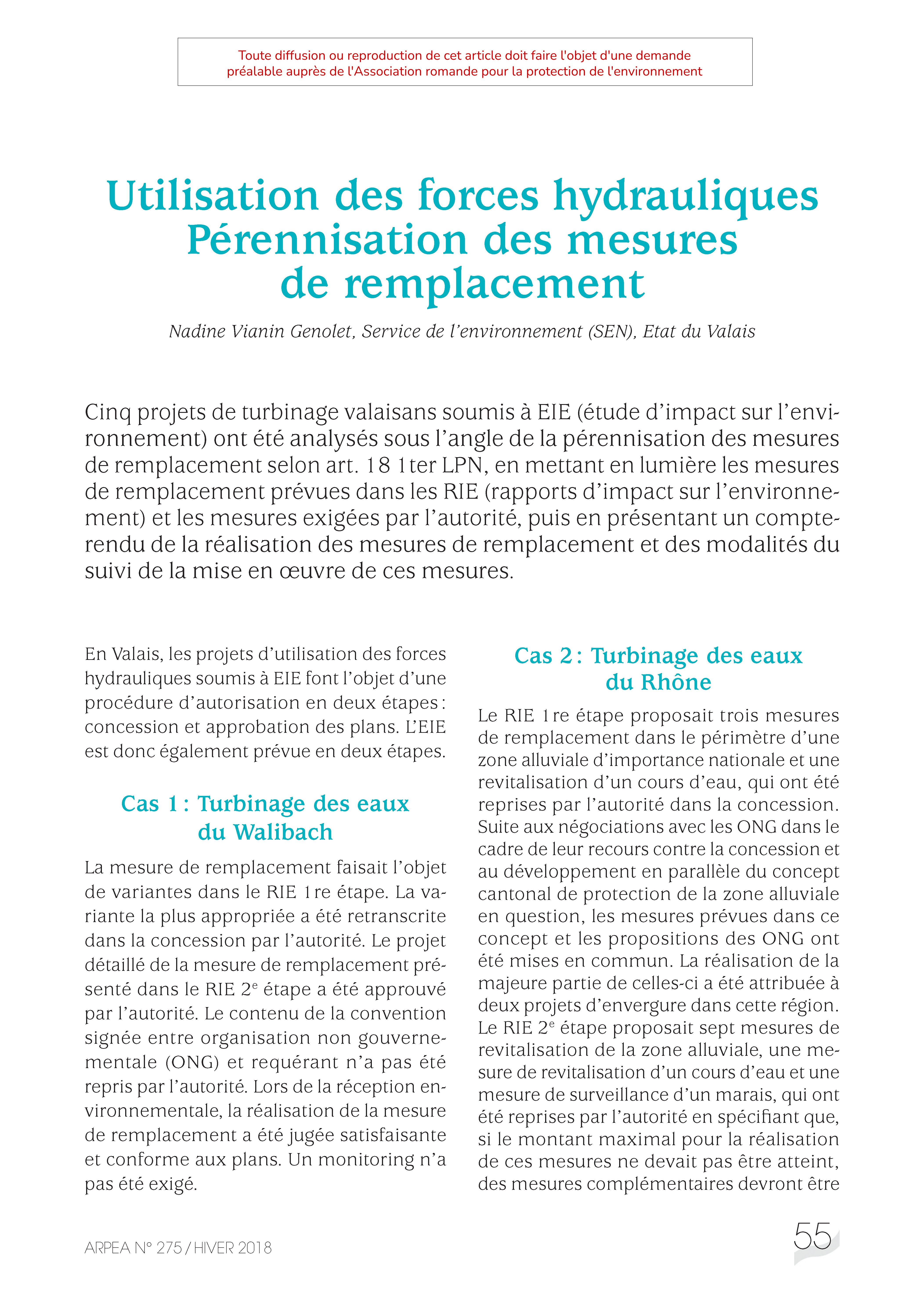 Utilisation des forces hydrauliques Pérennisation des mesures de remplacement