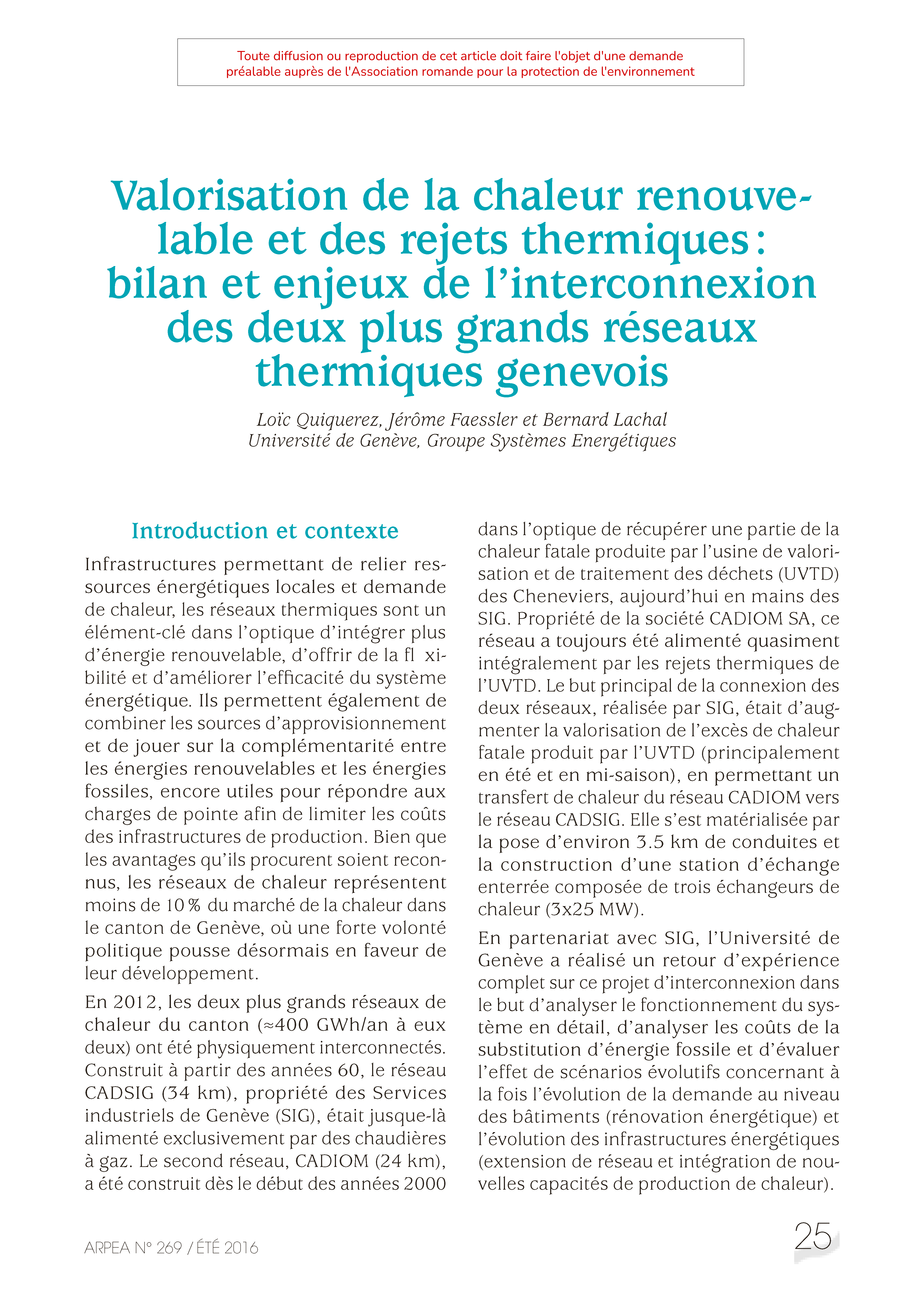 Valorisation de la chaleur renouvelable et des rejets thermiques : bilan et enjeux de l’interconnexion des deux plus grands réseaux thermiques genevois