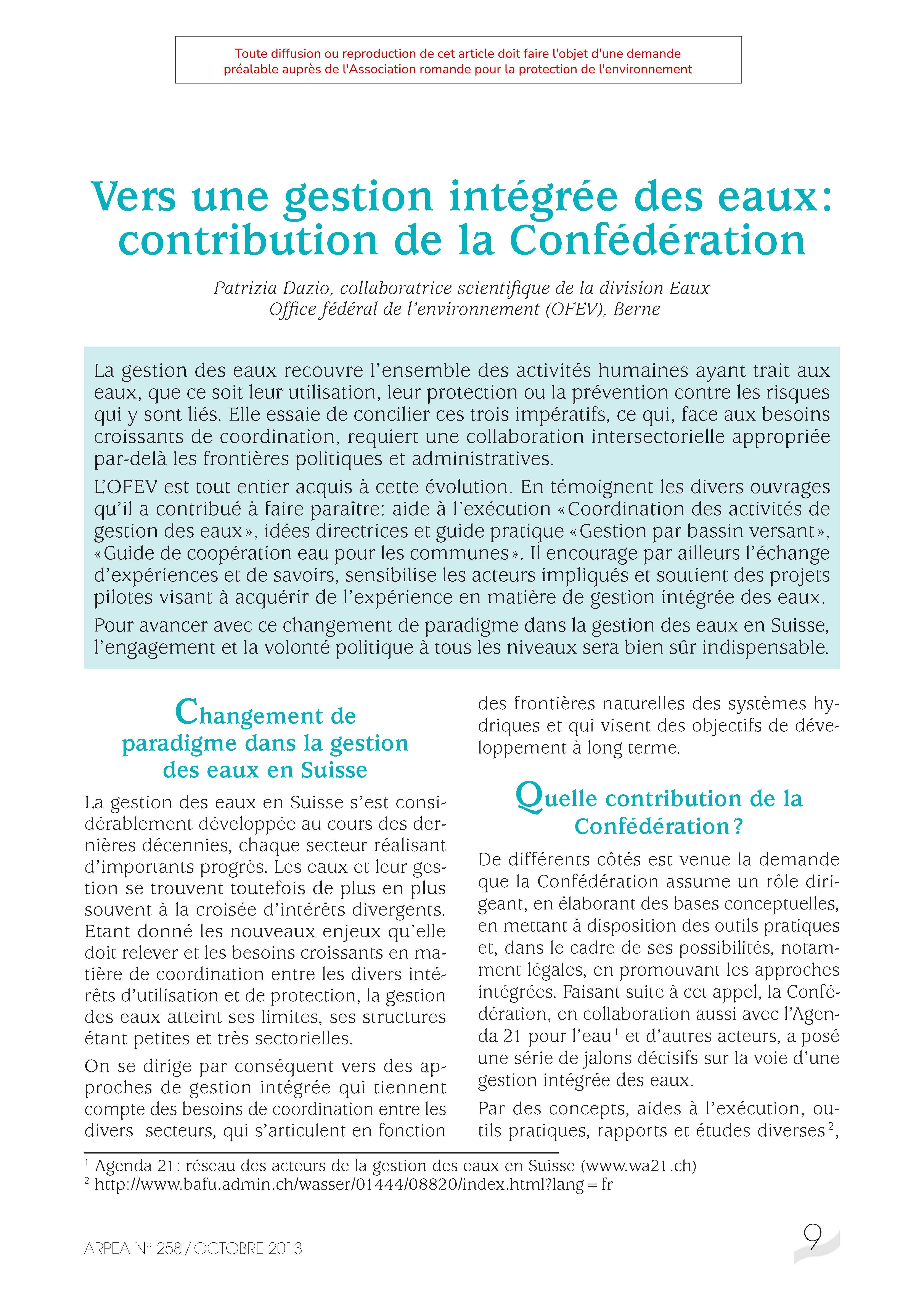 Vers une gestion intégrée des eaux : contribution de la Confédération