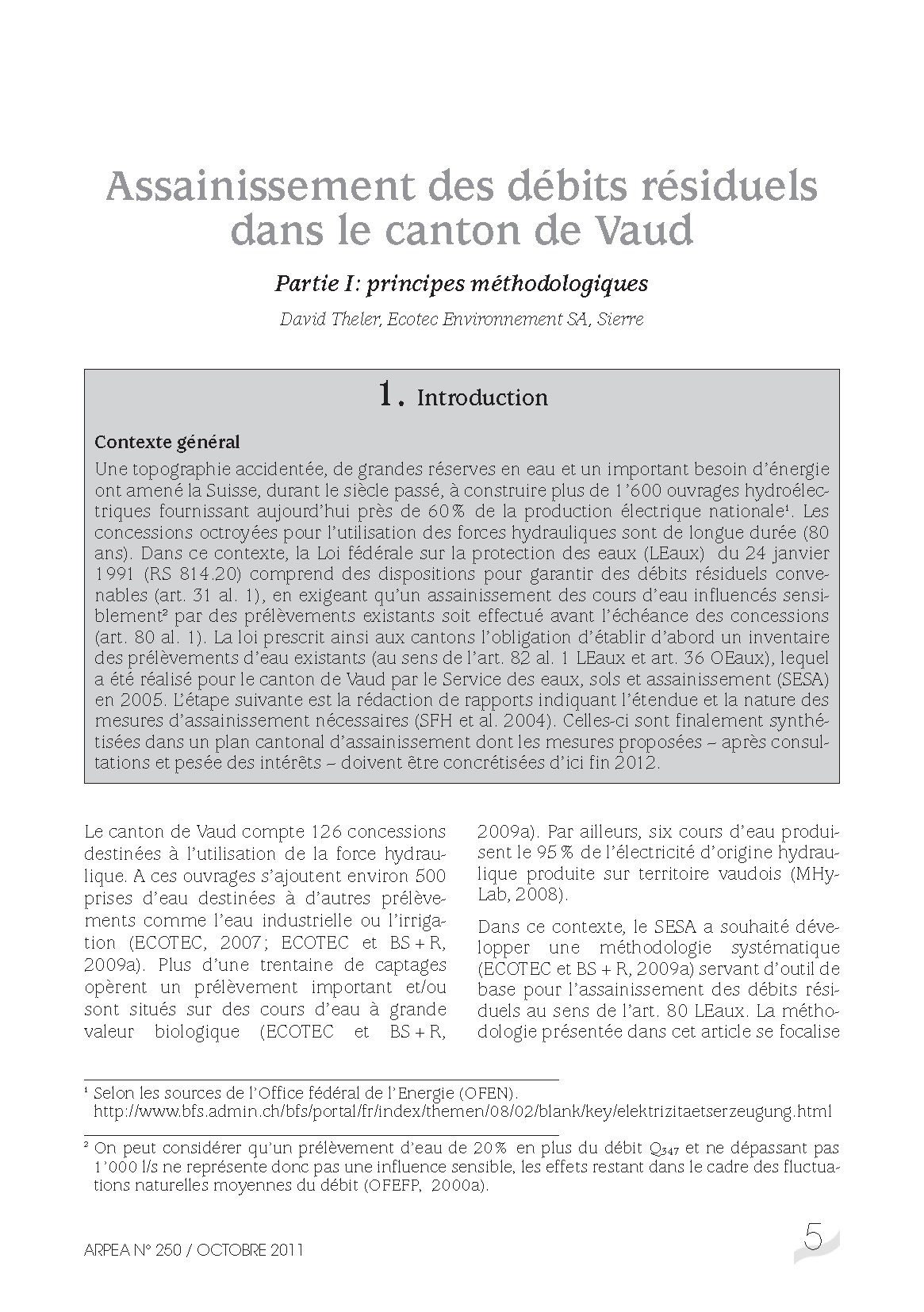Assainissement des débits résiduels dans le canton de Vaud Partie 1 : principes méthodologiques