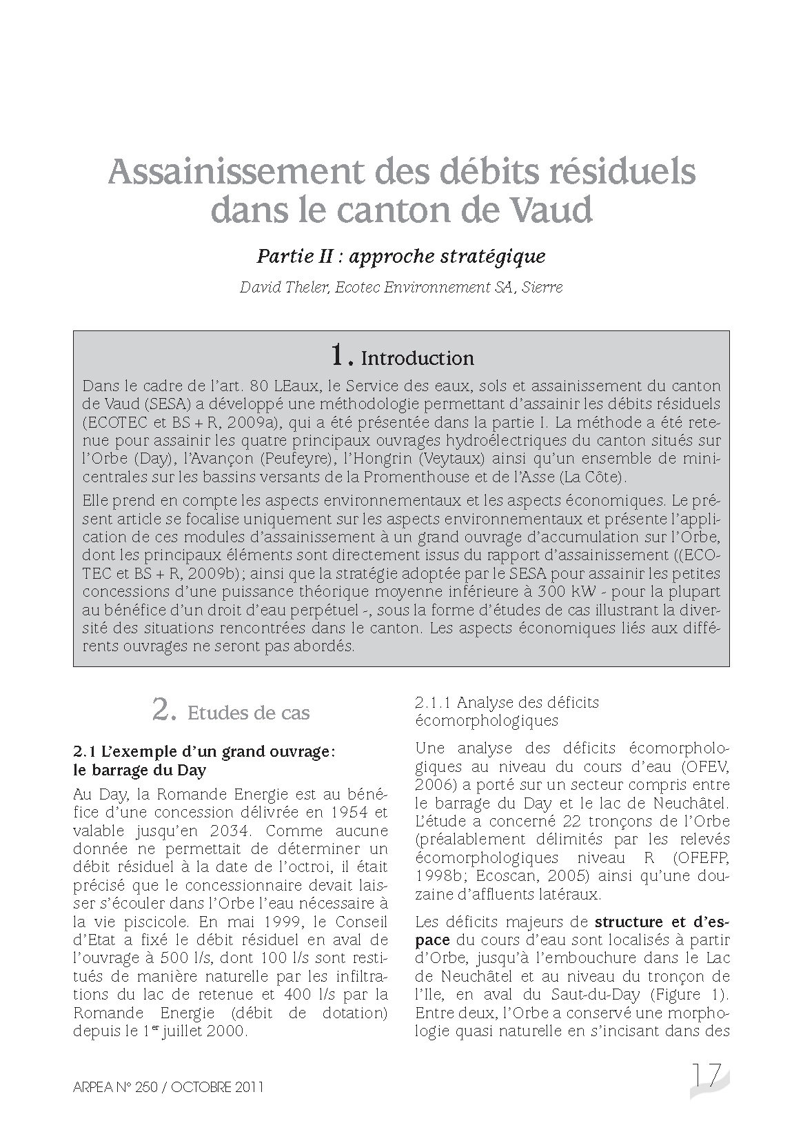 Assainissement des débits résiduels dans le canton de Vaud Partie 2 : approche stratégique